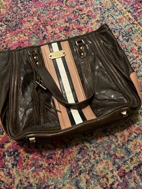 L.A.M.B. Lauren Brown and Blush Stripe Leather Tote with Tassel